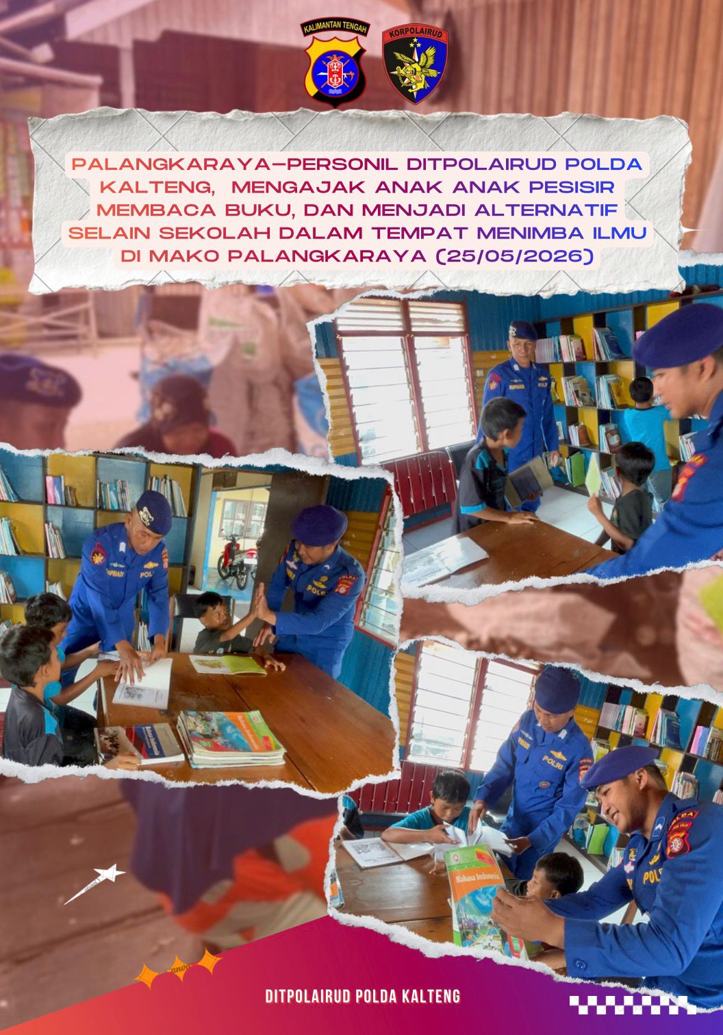 ‎Personel Ditpolairud Polda Kalteng ajak anak anak pesisir belajar di Pondok baca.