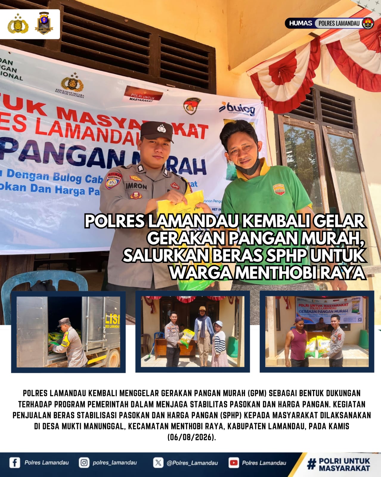 Polres Lamandau Kembali Gelar Gerakan Pangan Murah, Salurkan Beras SPHP untuk Warga Menthobi Raya