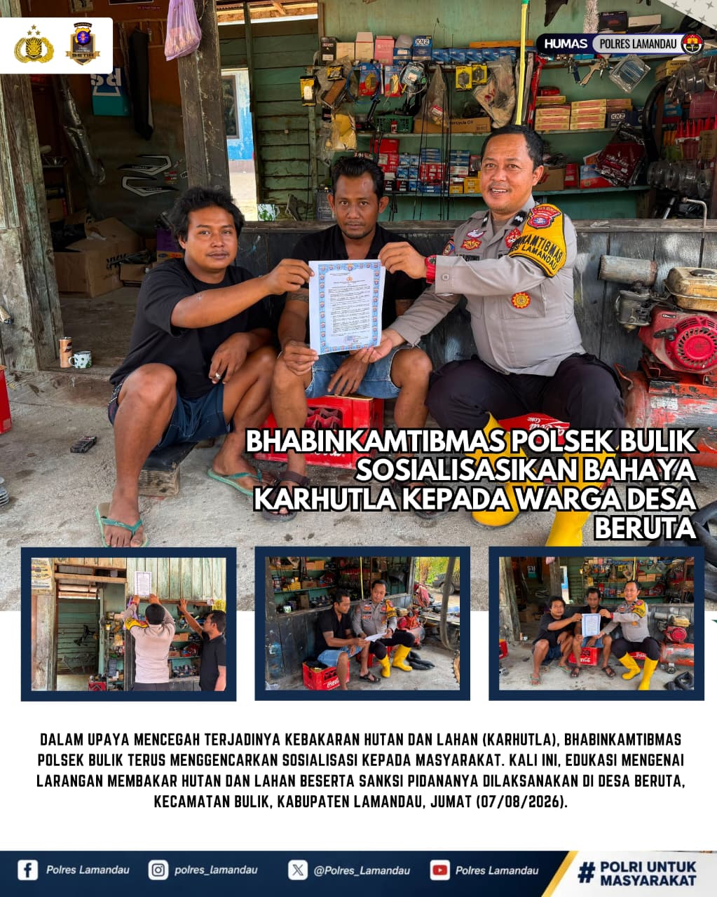 Bhabinkamtibmas Polsek Bulik Sosialisasikan Bahaya Karhutla kepada Warga Desa Beruta