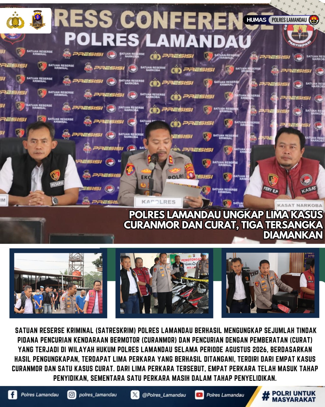 Polres Lamandau Ungkap Lima Kasus Curanmor dan Curat, Tiga Tersangka Diamankan