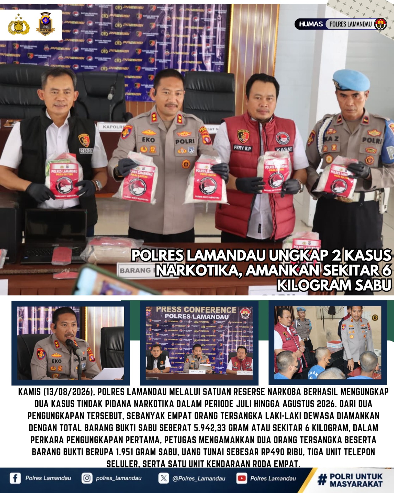 Polres Lamandau Ungkap 2 Kasus Narkotika, Amankan Sekitar 6 Kilogram Sabu