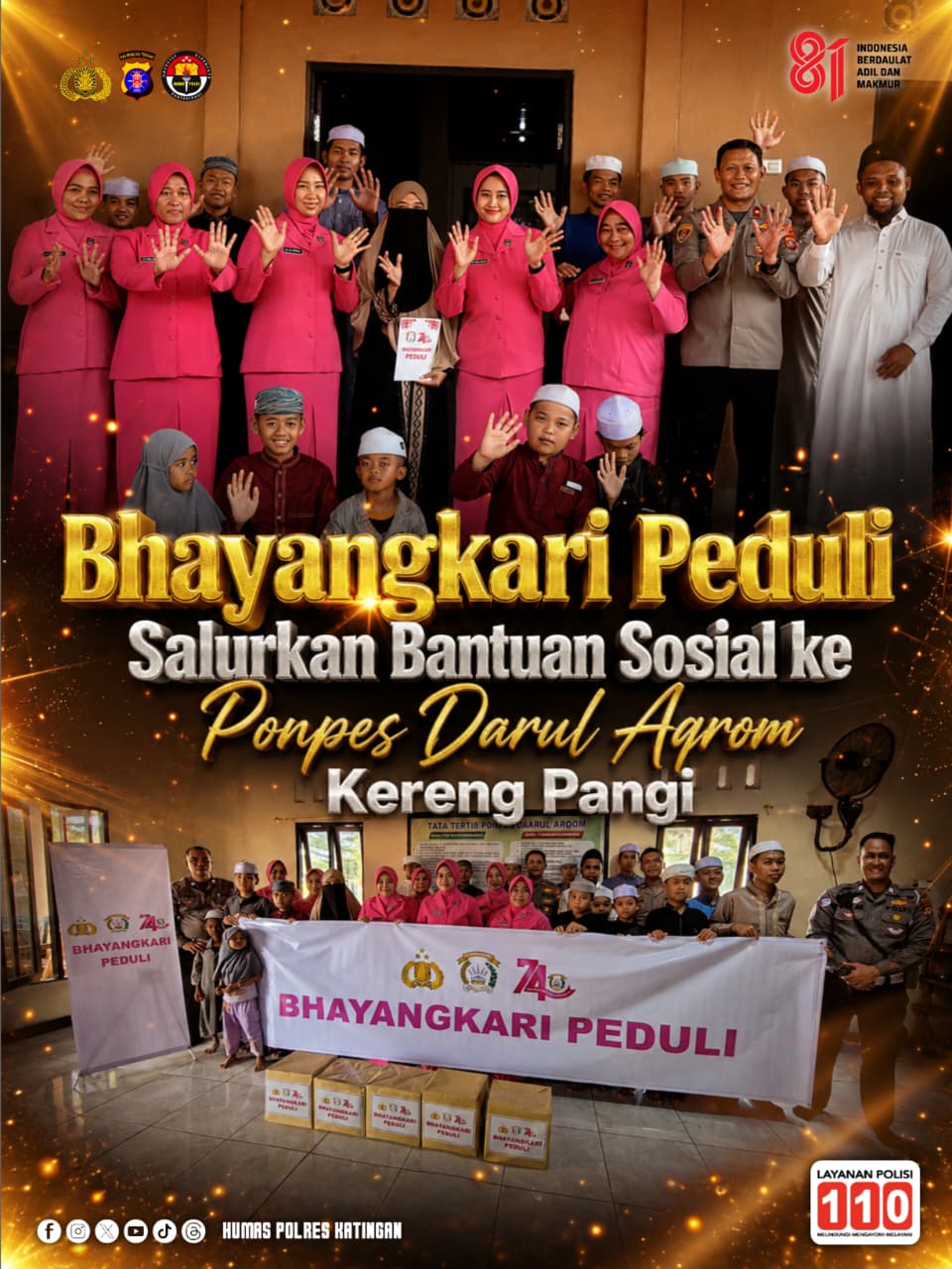 Bhayangkari Peduli Salurkan Bantuan Sosial ke Ponpes Darul Aqrom Kereng Pangi