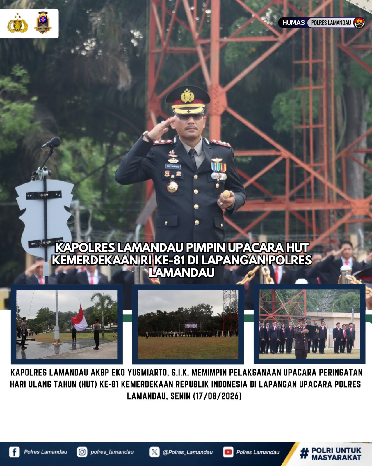 Kapolres Lamandau Pimpin Upacara HUT Kemerdekaan RI ke-81 di Lapangan Polres Lamandau