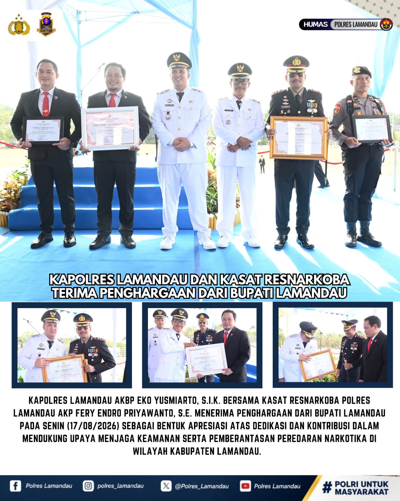 Kapolres Lamandau bersama Kasatres narkoba dan personel Terima Penghargaan dari Bupati Lamandau