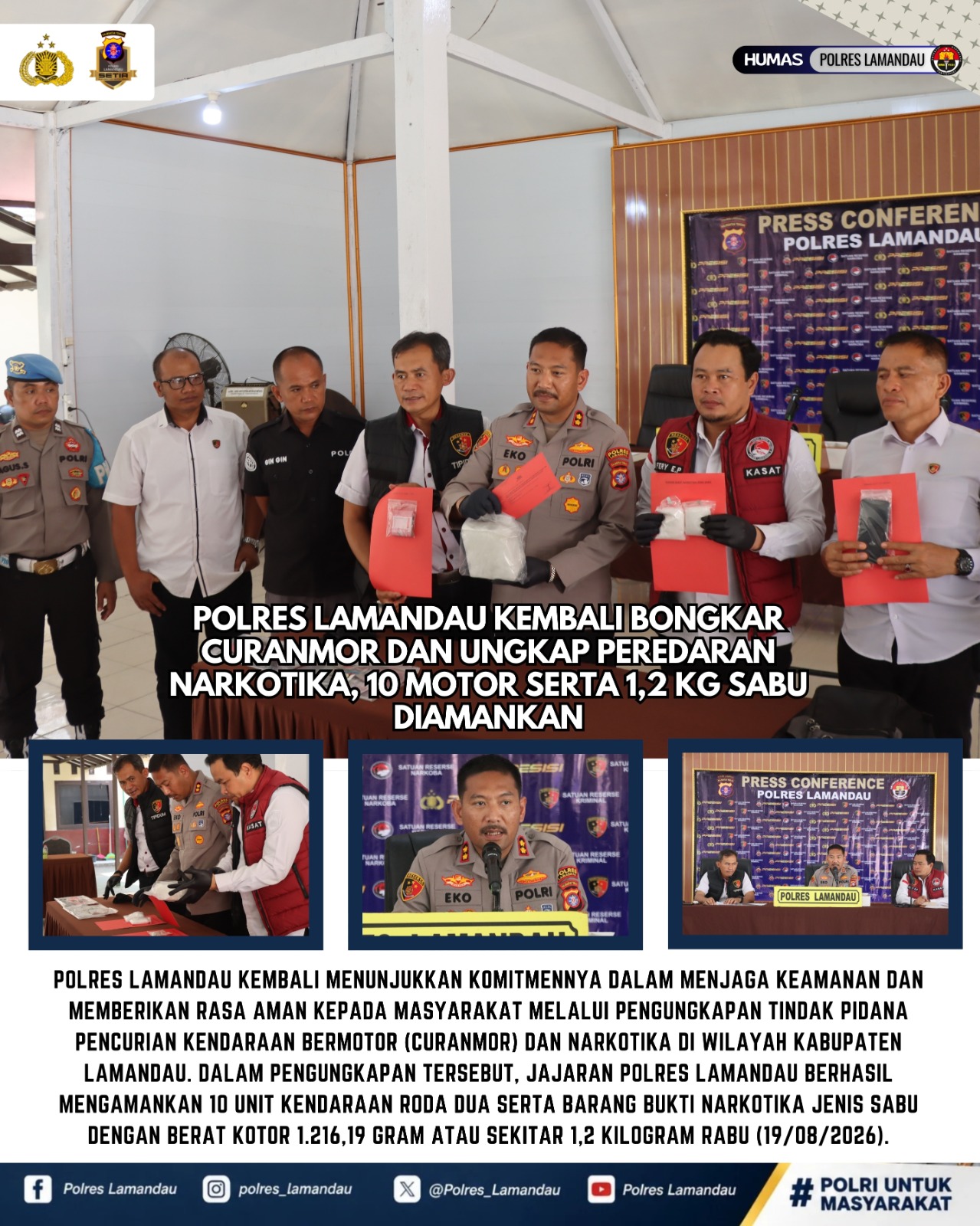 Polres Lamandau Kembali Ungkap Curanmor dan Narkotika, 10 Kendaraan Roda Dua serta 1,2 Kilogram Sabu Diamankan