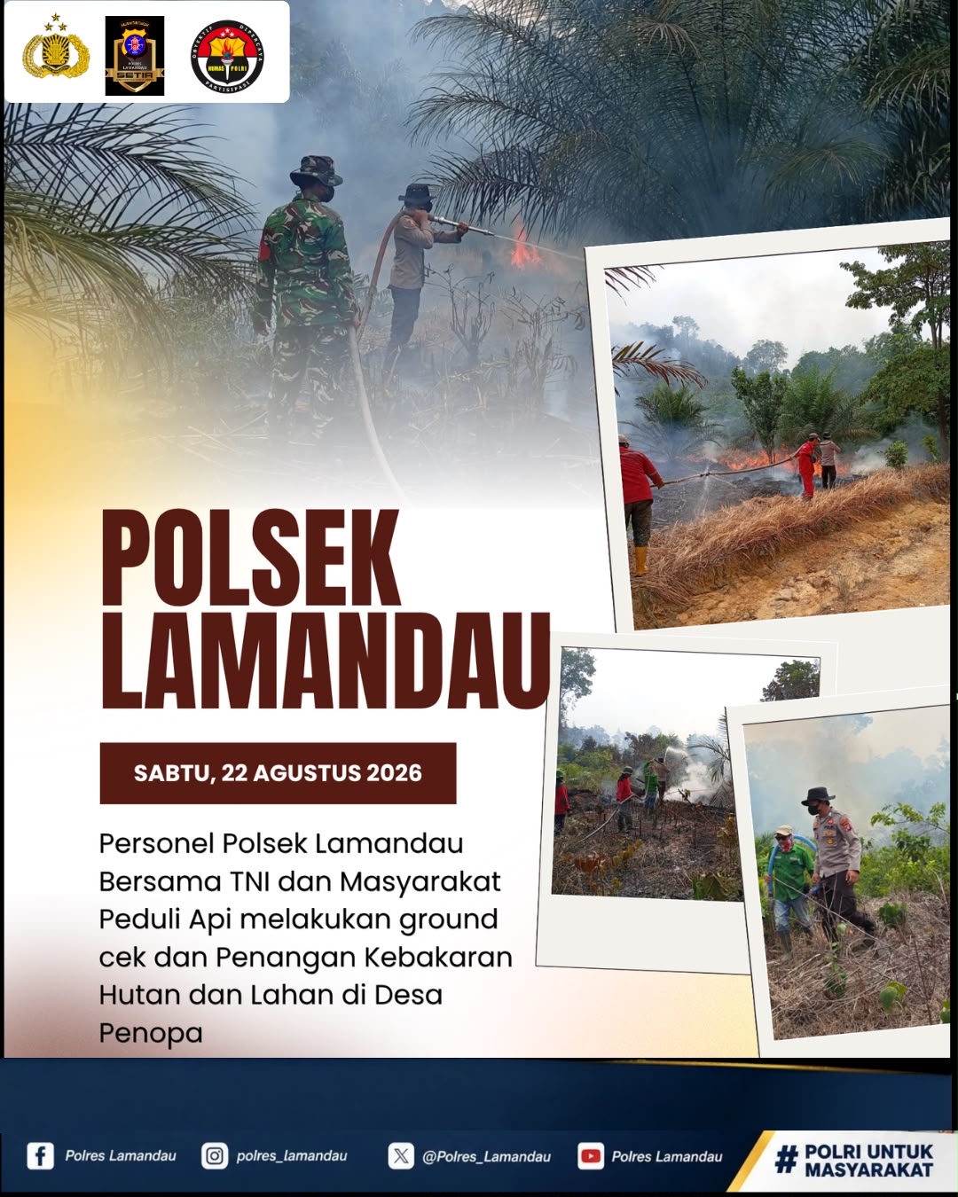 Polsek Lamandau Bersama TNI, dan Masyarakat Peduli Api Padamkan Karhutla di Penopa