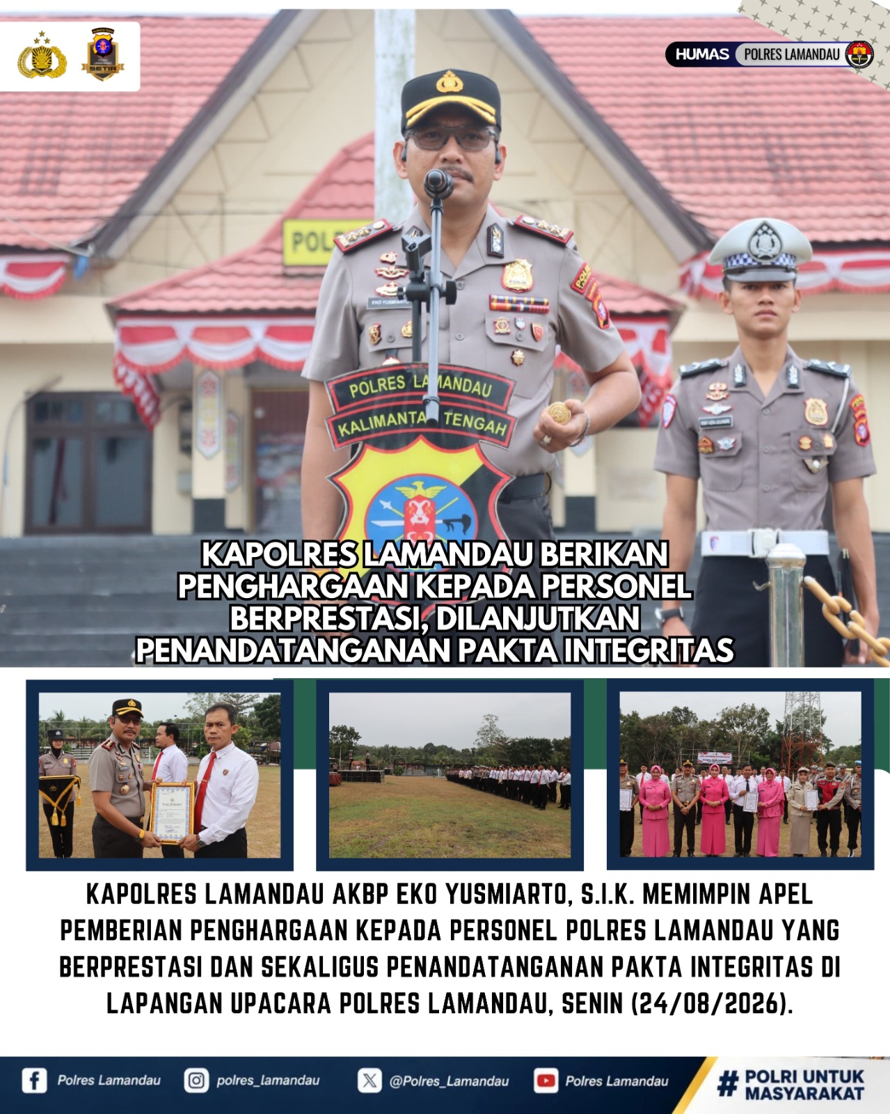 Kapolres Lamandau Berikan Penghargaan kepada Personel Berprestasi, Dilanjutkan Penandatanganan Pakta Integritas