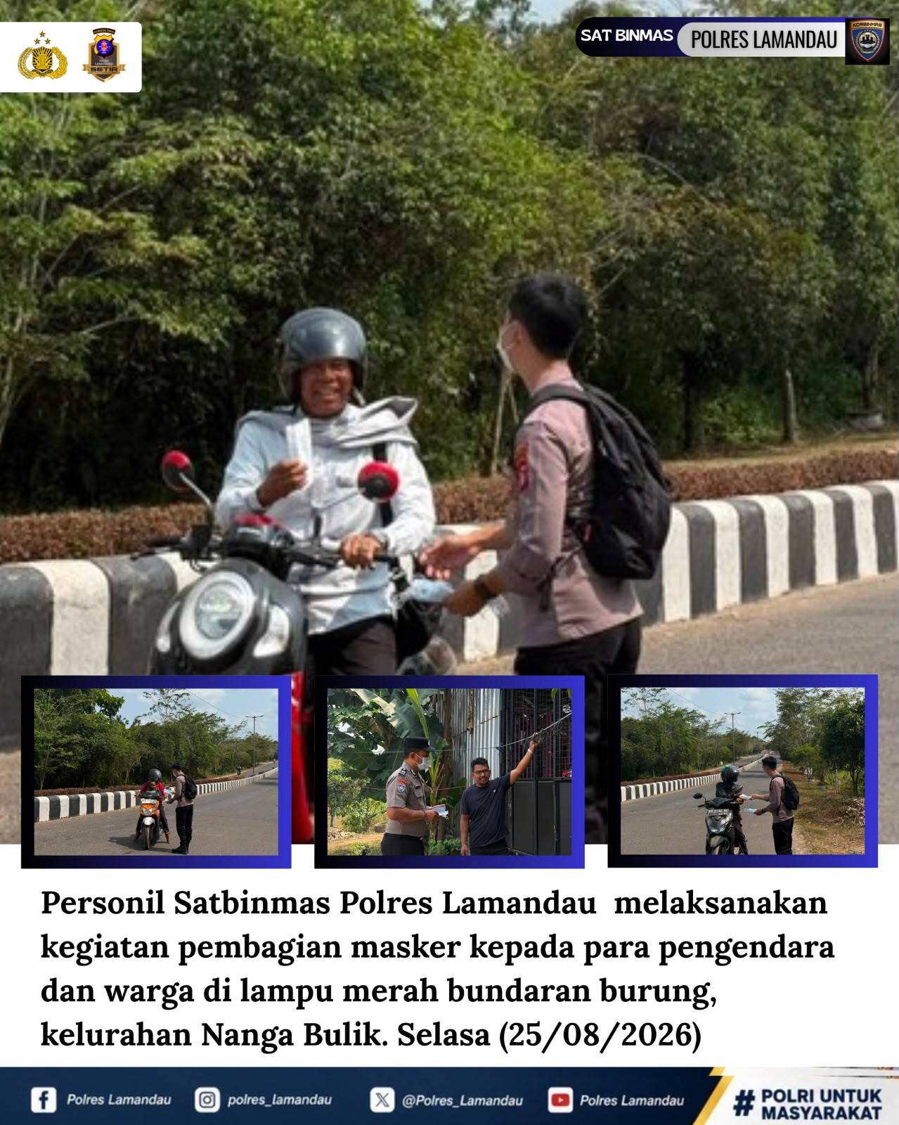 Satbinmas Polres Lamandau Bagikan Masker kepada Pengendara dan Warga, Wujud Kepedulian di Tengah Musim Kemarau