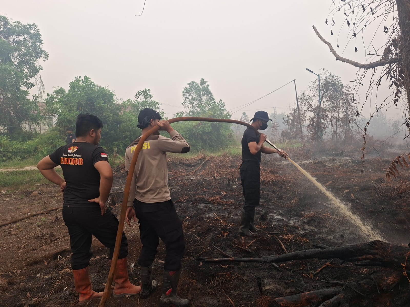 Satbrimob Polda Kalteng Terus Lakukan Pembasahan Karhutla di Jalan Pramuka Kotawaringin Timur