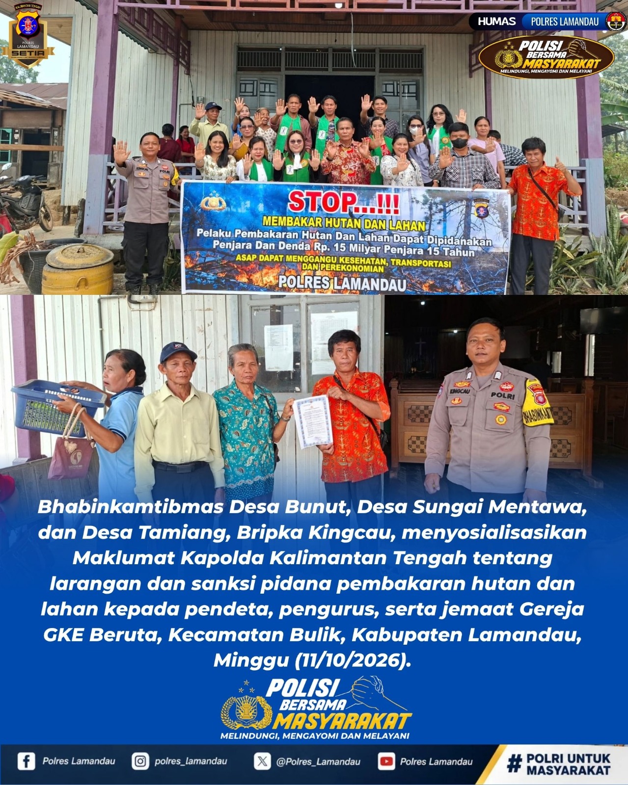 Cegah Karhutla, Bhabinkamtibmas Polsek Bulik Sosialisasikan Maklumat Kapolda kepada Jemaat Gereja GKE Beruta
