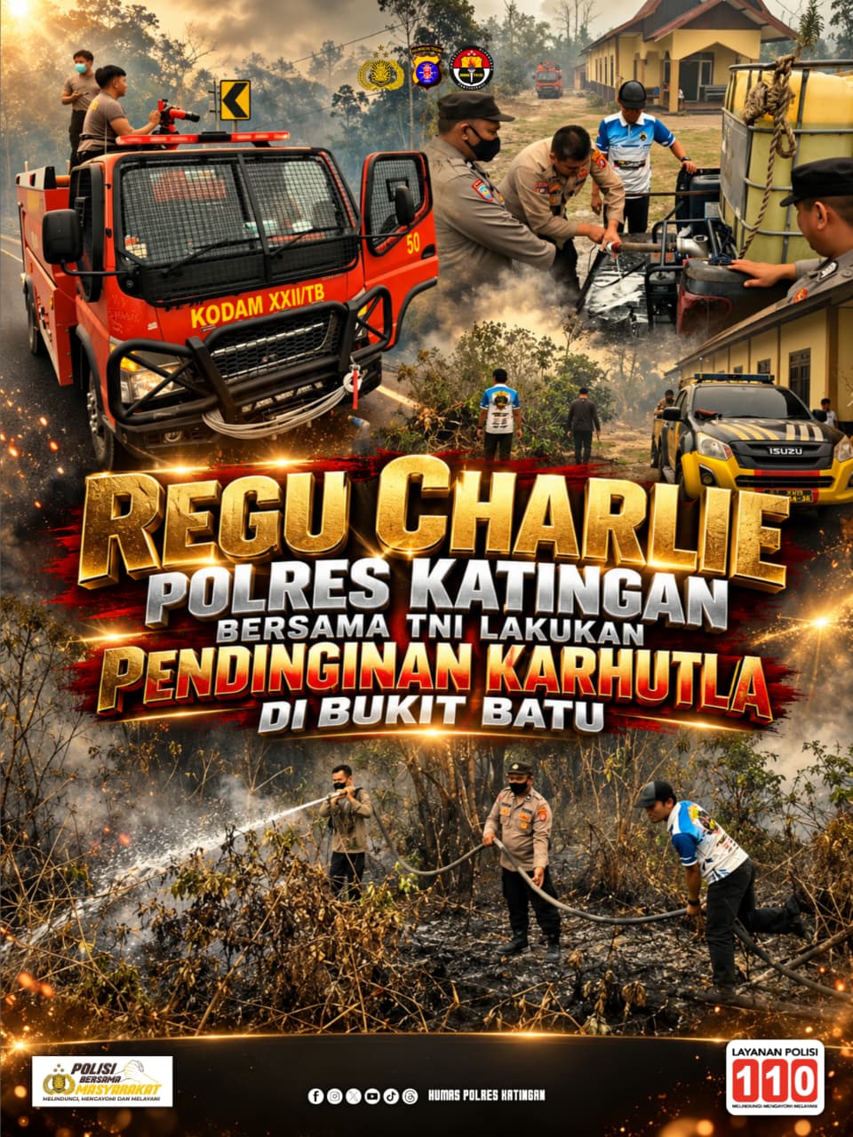 Regu Charlie Polres Katingan Bersama TNI Lakukan Pendinginan Karhutla di Bukit Batu